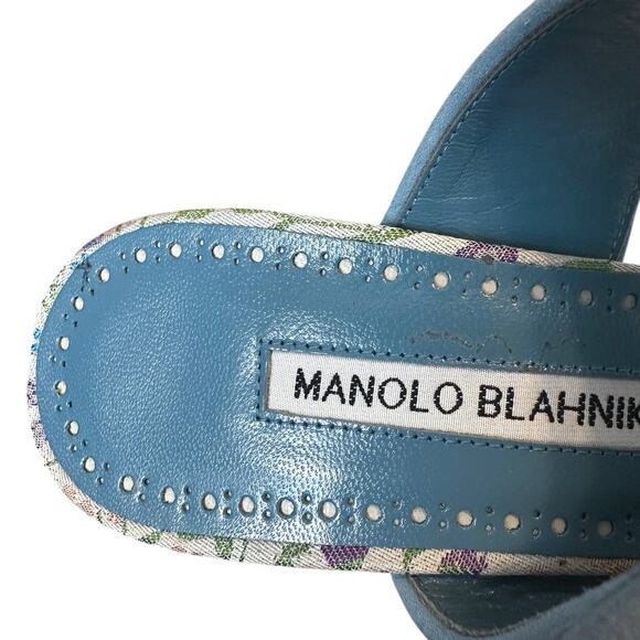 Manolo Blahnik Floral Blue Gable Buckle High Heel Sandal Mule 37 - Picture 9 of 11